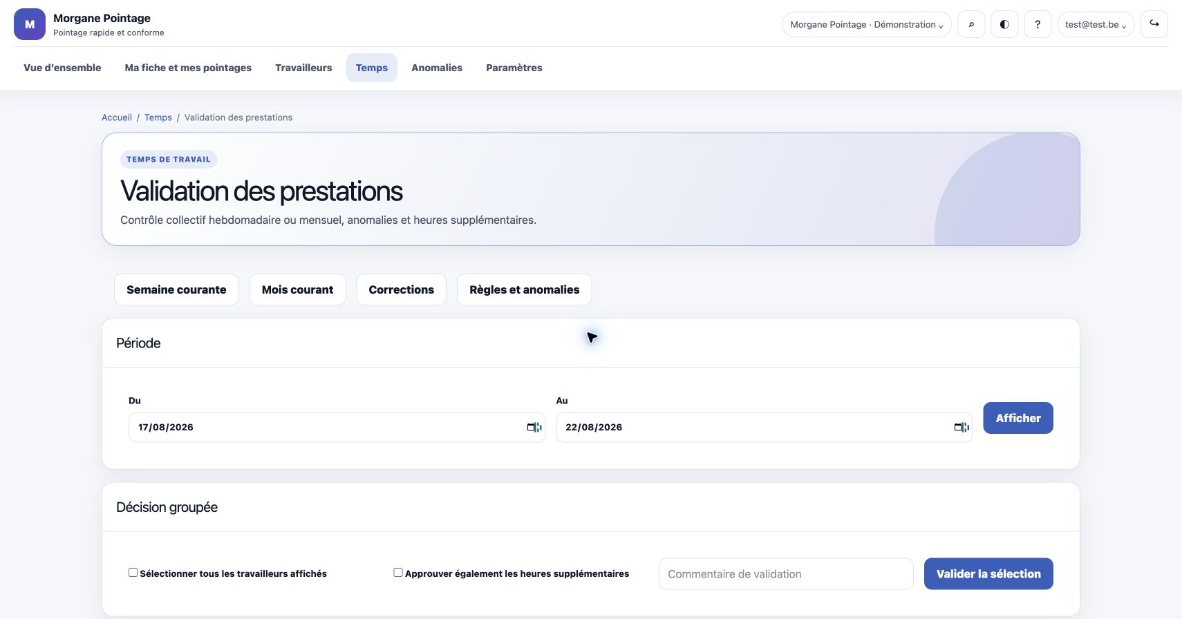 Page réelle de validation collective des prestations